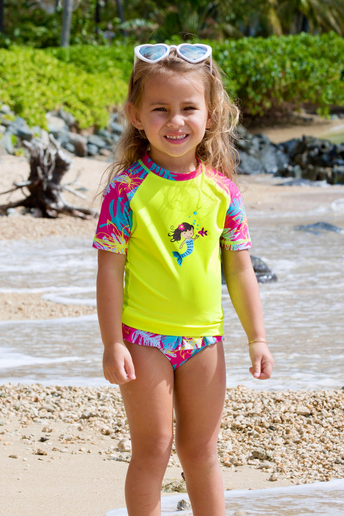 Pink Palms, Long Sleeve Swimsuit For Girls